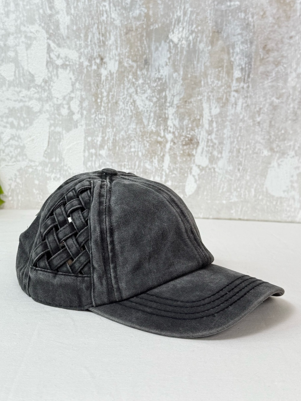 C.C Washed Black Basket Criss-Cross Ponytail Cap NWT